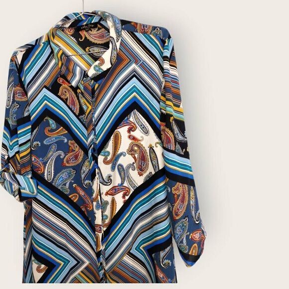 Melissa‎ Paige Womens Top Sz 2X Striped Blue Gold Button Blouse Cottagecore Plus - Picture 8 of 10